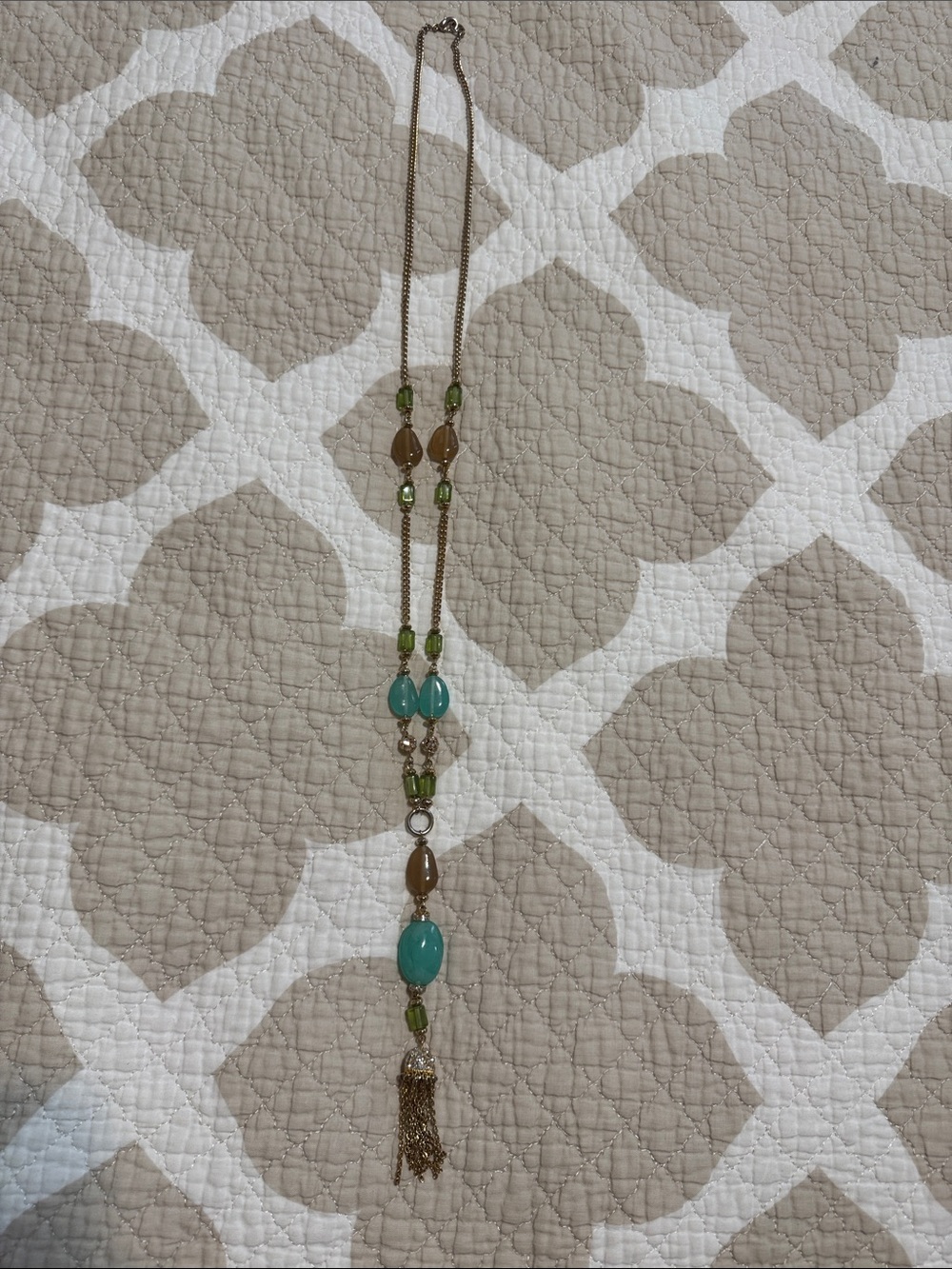 Kenneth Jay Lane Teal and Green Beaded Tassel Necklace